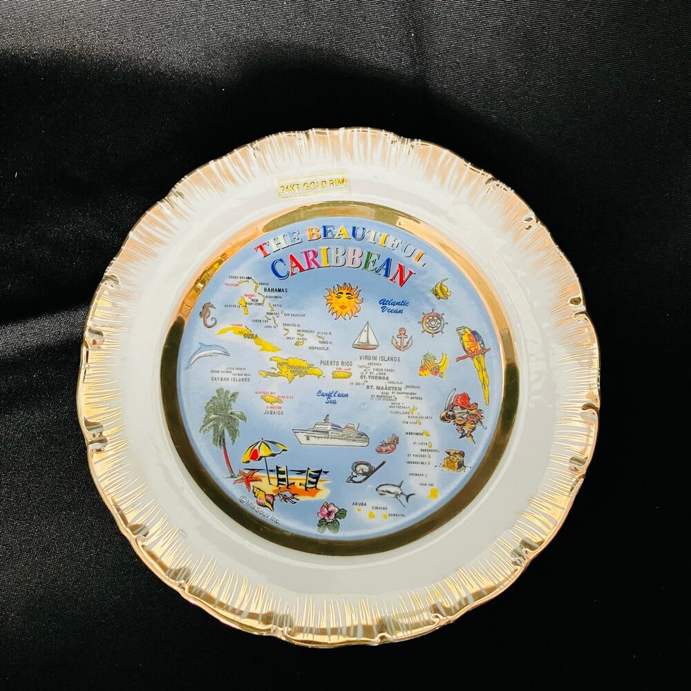 Vintage Caribbean Collector Plate 24K Gold Trim 7.5" w/ Hanger Miasouv Inc